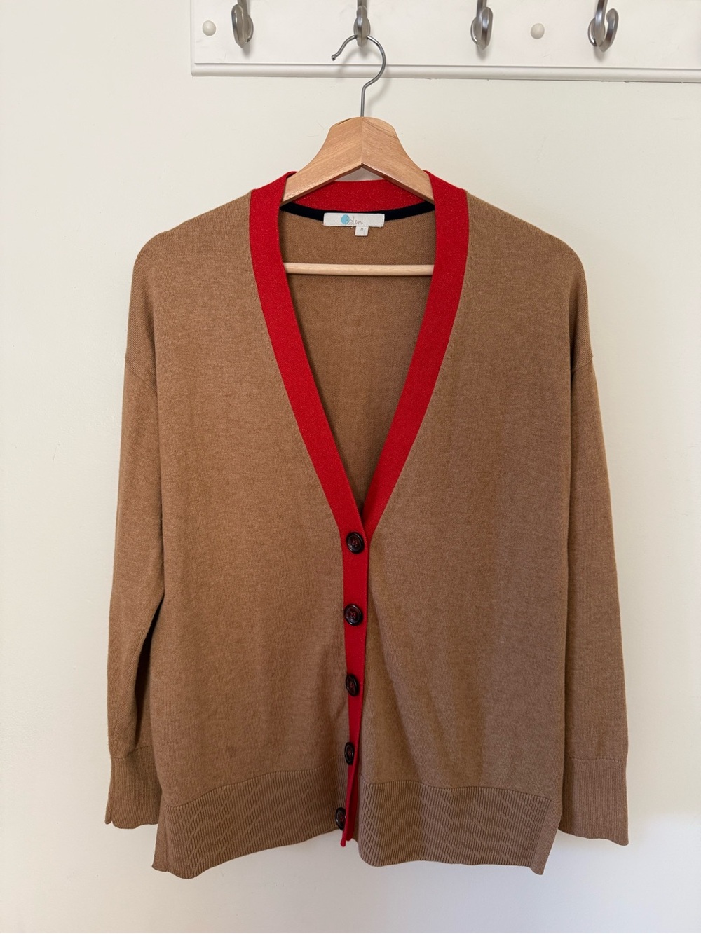 Boden Cardigan, camel with red trim, size medium